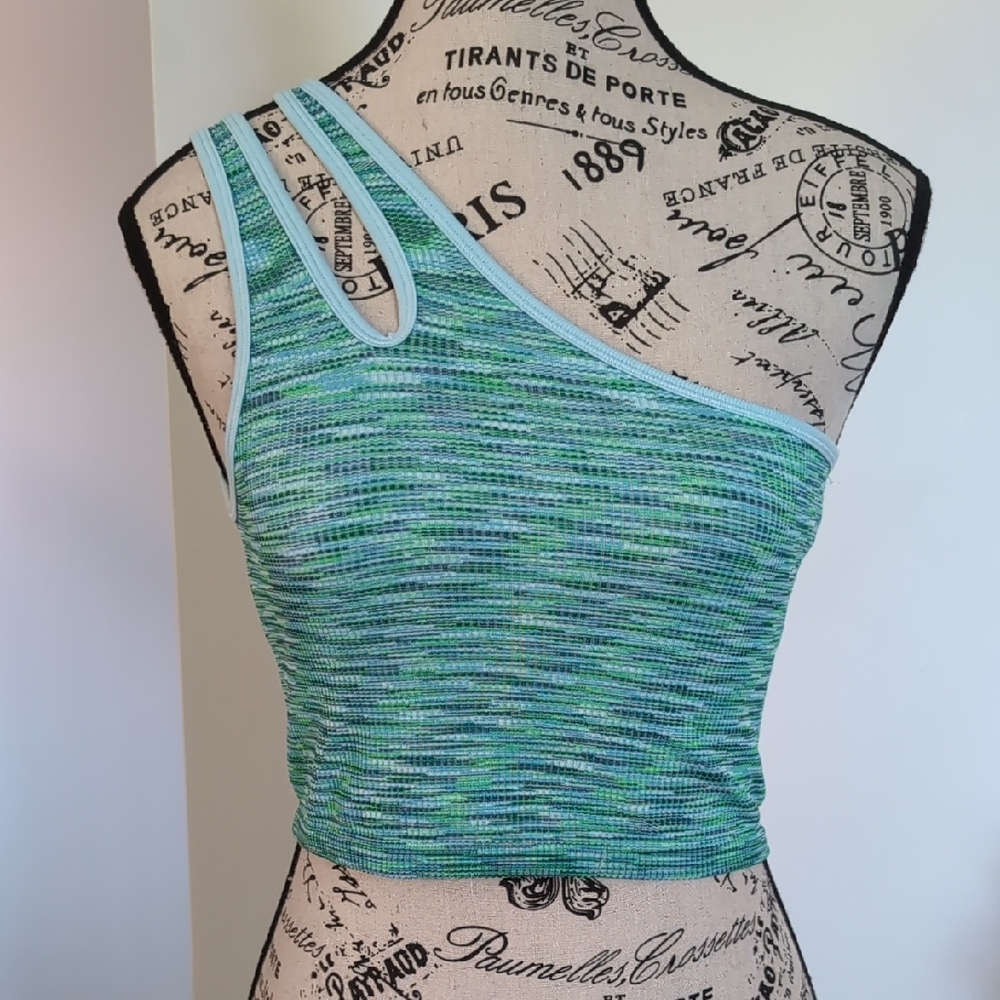 AERIE | Women's Green/Blue One Shoulder Recharge Least Support Ribbed Sports Bra